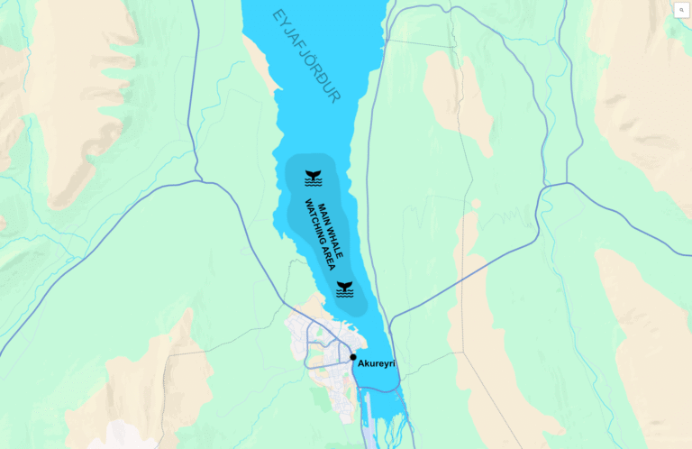 Map of Eyjafjörður and the main whale watching area near Akureyri.